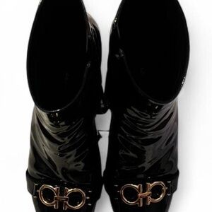 Salvatore Ferragamo Black Patent Leather Ankle Boots